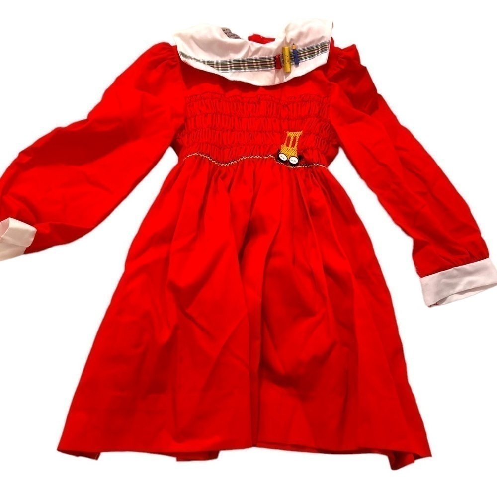Vintage Polly Flinders Little Girls Size 4 Dress Red White Smocked Embroidered